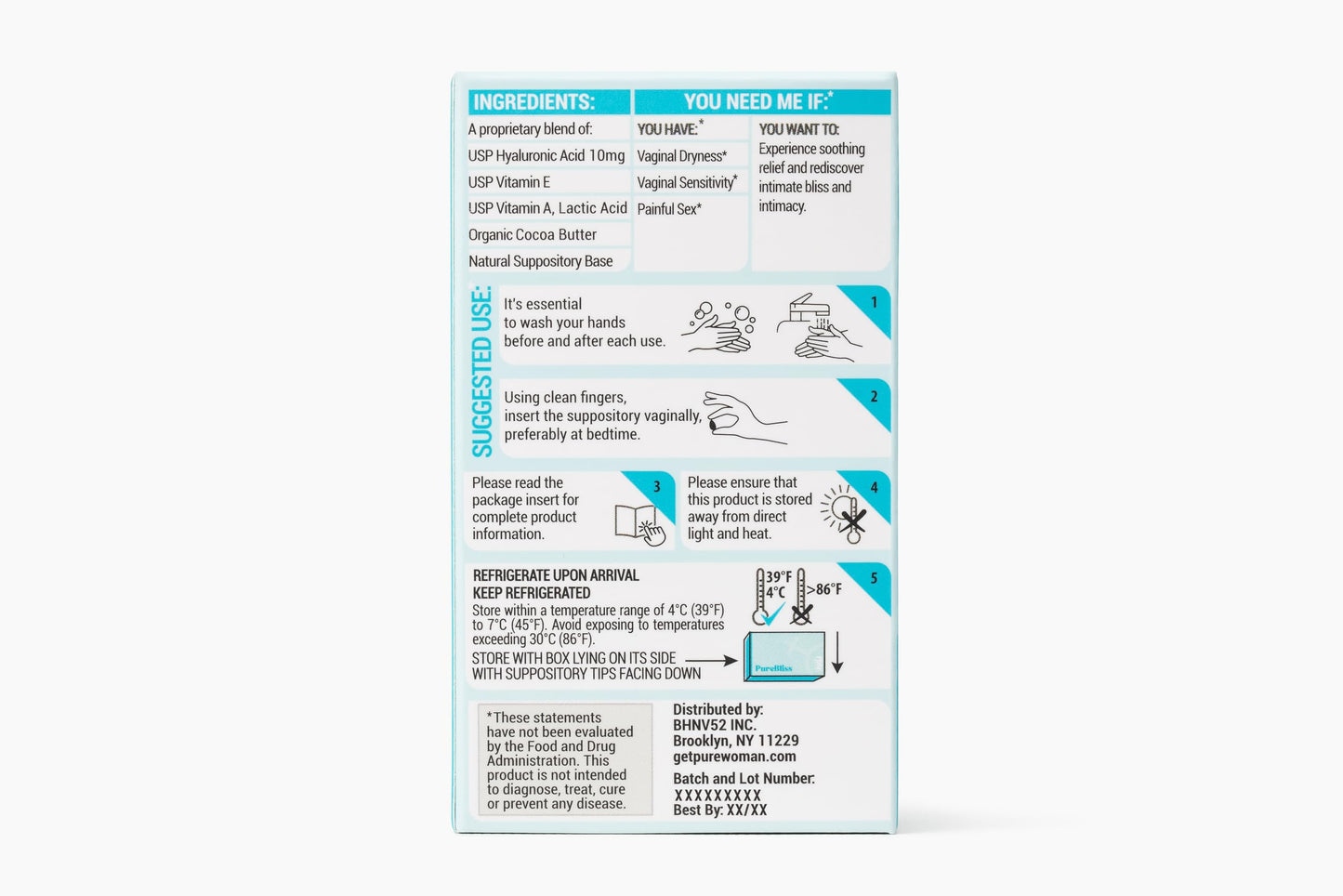 PURE WOMAN - Pure Bliss - Vaginal Moisturizing Suppositories - Hyaluronic Acid, Vitamin E, Vitamin A, Lactic Acid - Supports Vaginal Moisturization - Long Lasting Comfort & Sensitivity Relief - 10 Pk