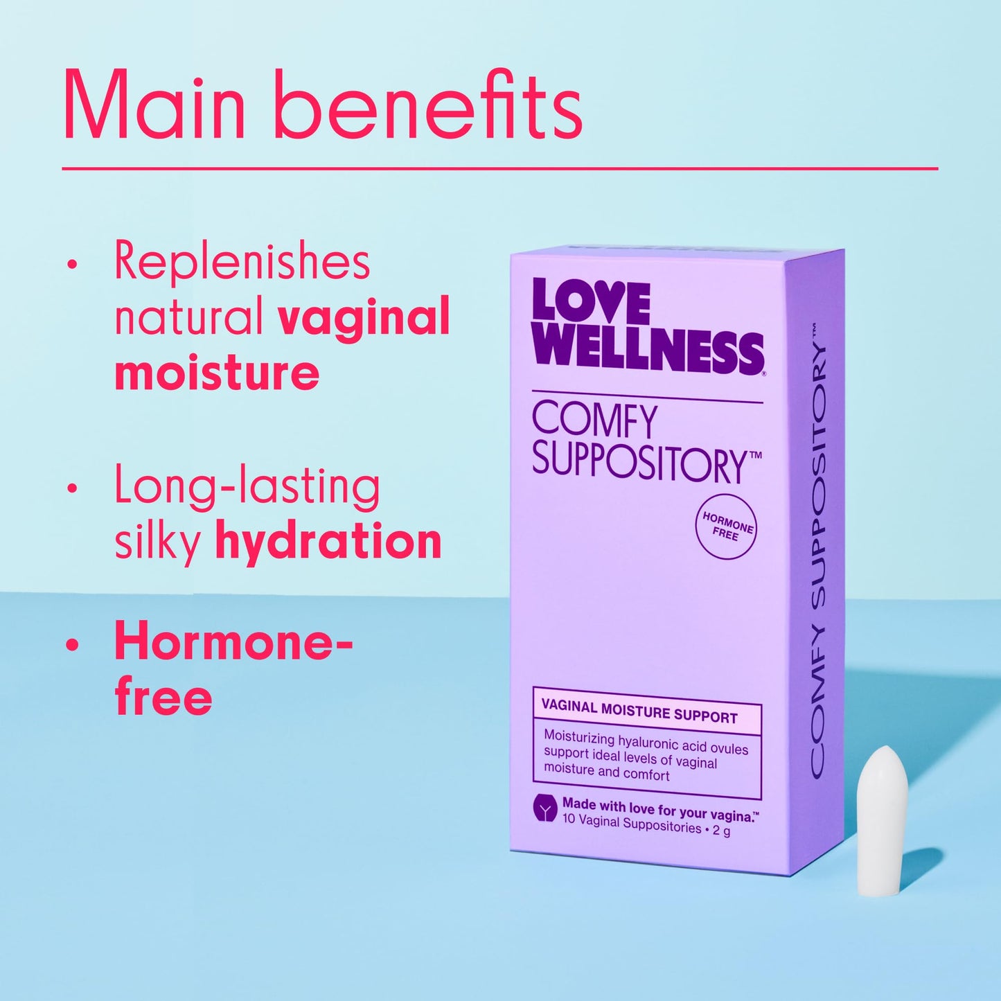 Love Wellness Comfy Suppository | Vaginal Moisture Suppository | Hormone-Free with Hyaluronic Acid & Tremella Mushroom for Vaginal Dryness Support | 10 Count