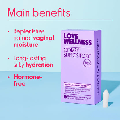 Love Wellness Comfy Suppository | Vaginal Moisture Suppository | Hormone-Free with Hyaluronic Acid & Tremella Mushroom for Vaginal Dryness Support | 10 Count