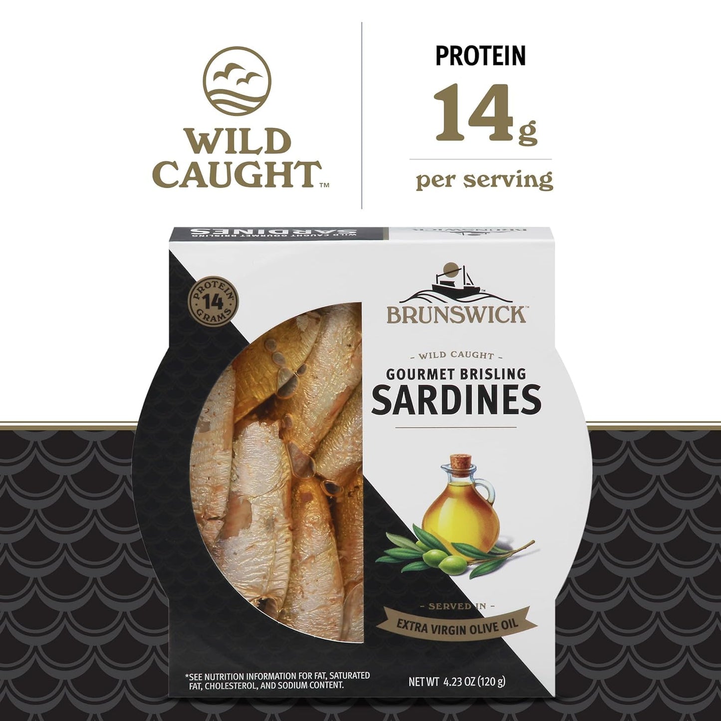 Brunswick Wild Caught Gourmet Brisling Sardines in Extra Virgin Olive Oil, 4.23 oz Can - Wild Caught Sardines - 14g Protein per Serving - Gluten Free, Keto Friendly