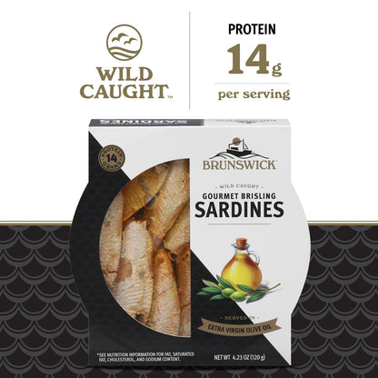 Brunswick Wild Caught Gourmet Brisling Sardines in Extra Virgin Olive Oil, 4.23 oz Can - Wild Caught Sardines - 14g Protein per Serving - Gluten Free, Keto Friendly