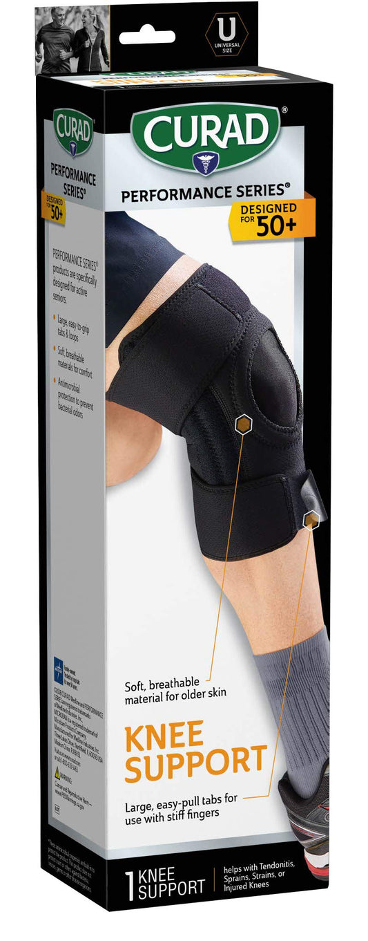 Curad Performance Series Knee Support Designed for Active Seniors 50+, Large Easy to Grip Tabs & Loops for Easier Application, Helps with Sprains & Strains