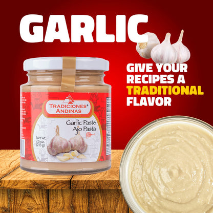 Tradiciones Andinas Ajo en Pasta Peruano 7.5 oz - Peruvian Garlic Paste Products, Glass Jar, Gourmet Food, Cooking, Producto del Peru, Pasta de Cocina, Ajos peruanos