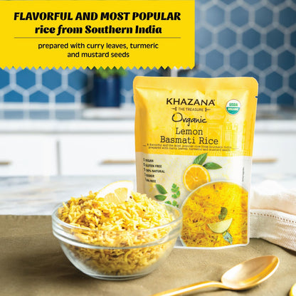 Khazana Authentic Lemon Ready To Heat Basmati Rice (Pack of 6, 8.8oz) | Non-GMO, Vegan, Gluten Free & Kosher | Aromatic & Flavorful Organic Grain From India | Microwavable Instant Rice in 90 Seconds!