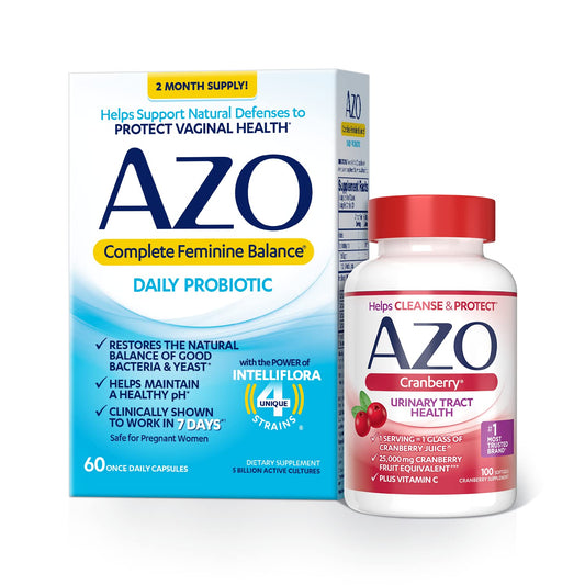 AZO Complete Feminine Balance Daily Probiotics for Women (60 Count) + Cranberry Softgels for Urinary Tract Health (100 Count)