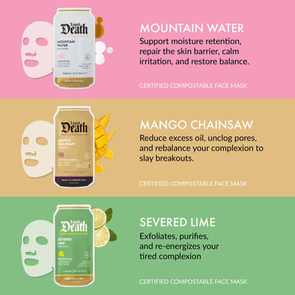 ESW Beauty Liquid Death x Limited Edition Face Mask Set (3-Pack) - Hydrating, Revitalizing & Cleansing Skin - Includes Mountain Water, Severed Lime & Mango Chainsaw