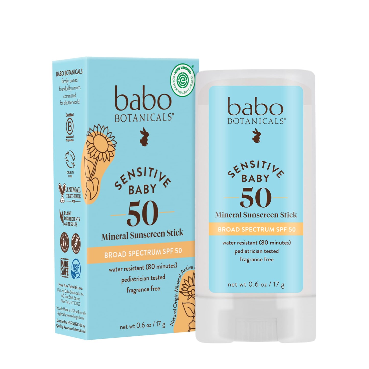 BABO Botanicals Sensitive Baby Mineral Sunscreen Stick SPF 50-70% Organic Ingredients - Zinc Oxide - NSF & Made Safe Certified - EWG Verified - Water Resistant - Fragrance-Free - for Babies & Kids