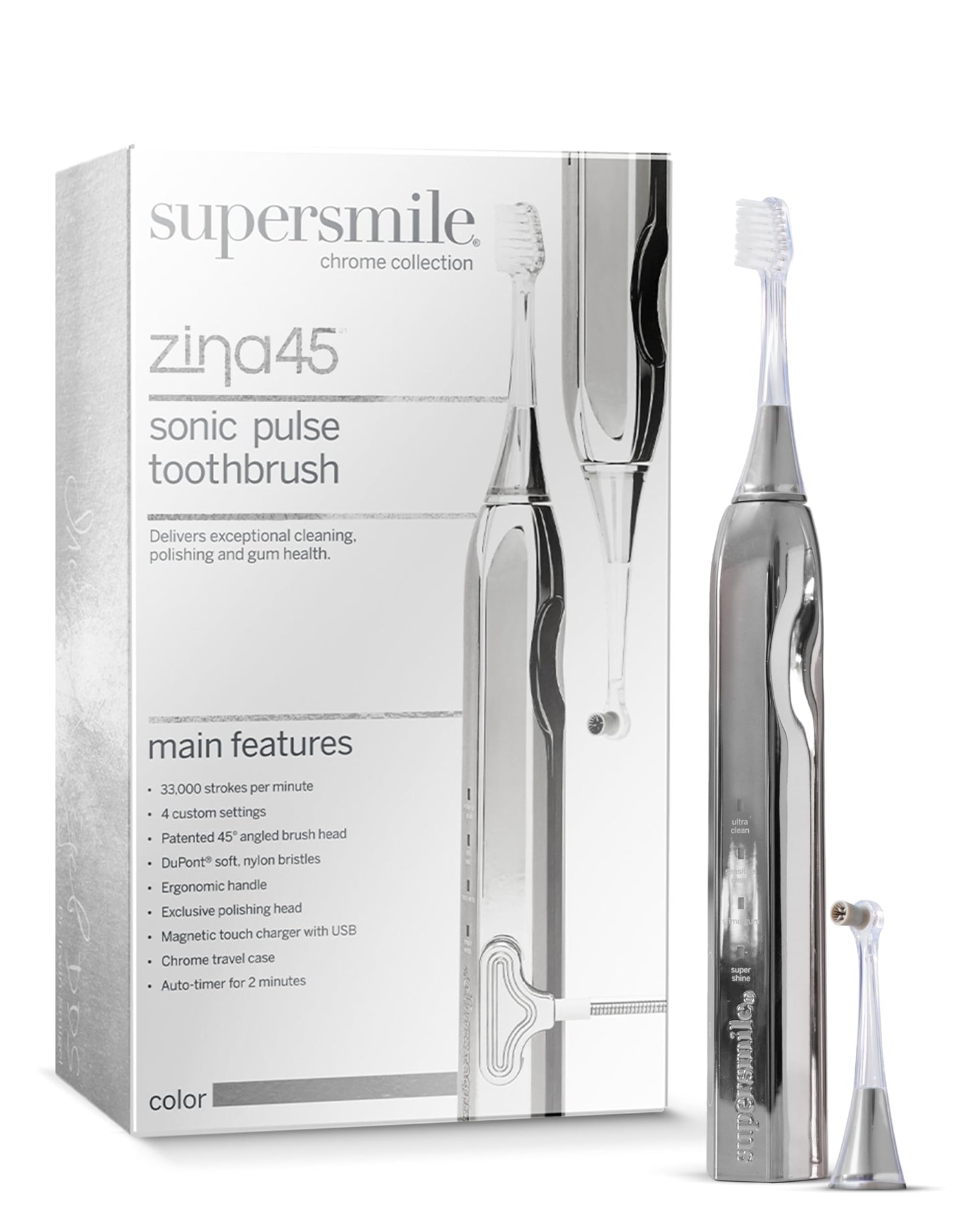 Supersmile Zina45™ Deluxe Sonic Pulse Toothbrush – Rechargeable Electric Brush with Angled Head & Travel Case – for Whiter Teeth and Healthier Gums