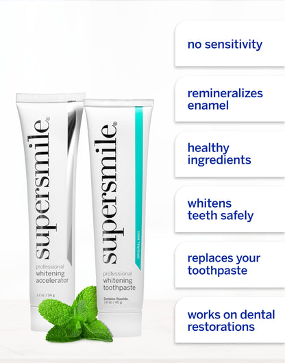 Supersmile Whitening System – Toothpaste (1.4 oz) & Accelerator (1.2oz) & 14 Dissolving Whitening Strips – TSA Kits