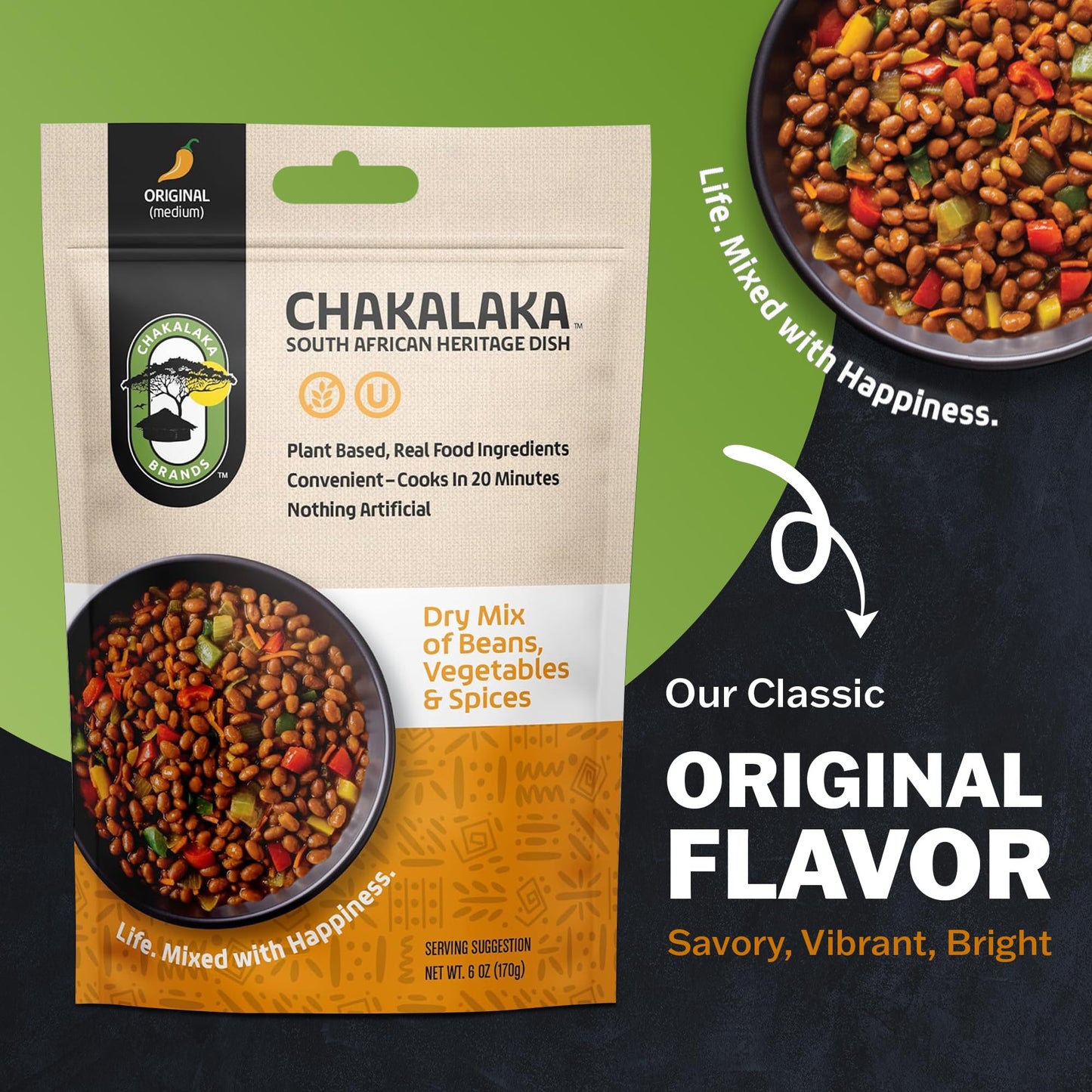 Chakalaka Vegetarian Dried Bean Mix - South African Side Dish with Beans, Vegetables, & Spices – Bold, Strong Flavor, Medium Heat, Original (1 Pk) 6 oz