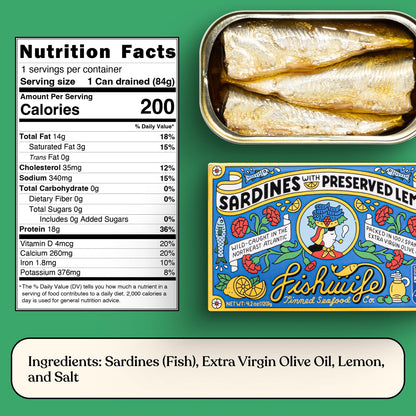 Fishwife Sardine Quad 4-Pack (2x Sardines with Lemon, 2x Sardines with Hot Pepper) | Wild-Caught & Hand-Packed with Spanish Extra Virgin Olive Oil | MSC-Certified Sustainable Seafood, High Protein, Gluten Free, Paleo Friendly, Keto Friendly, Omega-3s