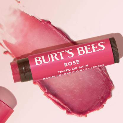 Burt's Bees Lip Tint Balm, Long Lasting 2 in 1 Duo Tinted Balm Formula, Color Infused with Hydrating Shea Butter for a Natural Looking Buildable Finish, Rose, 1 Tube