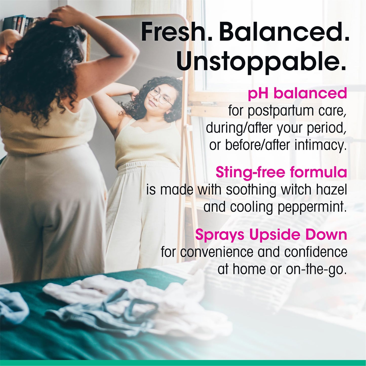 vH essentials Personal Cleansing Spray, pH Balancing Lactic Acid, Sting-Free, Witch Hazel Formula, Fragrance free, Paraben free, Sprays upside down for easy external intimate cleansing, 4 floz