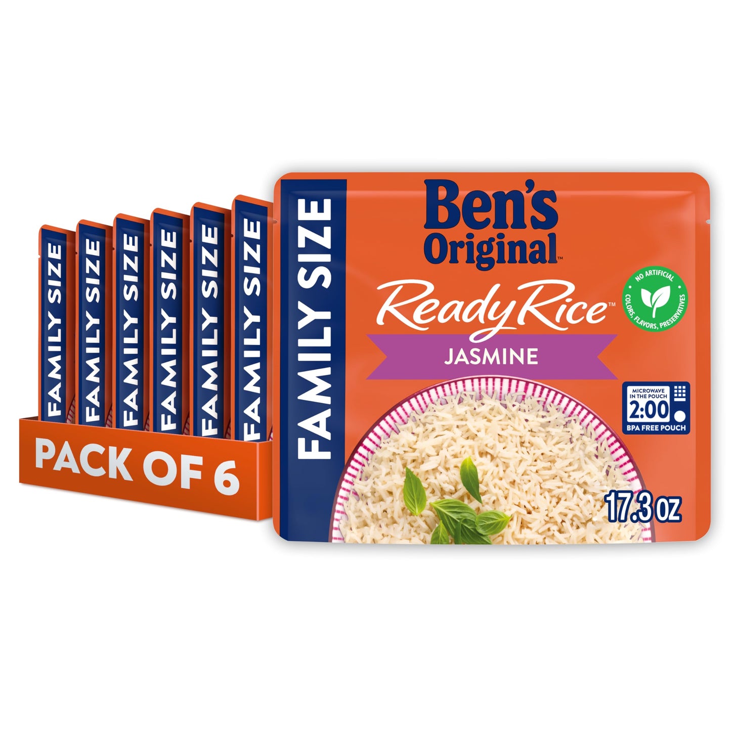 BEN'S ORIGINAL Ready Rice Jasmine Family Size Rice, Easy Dinner Side, 17.3 OZ Pouch (Pack of 6)