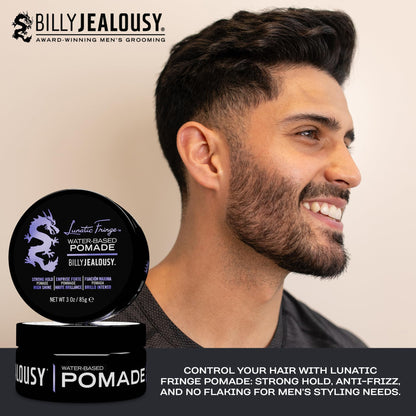 Billy Jealousy Lunatic Fringe Water-Based Pomade for Men, Strong Hold, High Shine, Water Soluble and Vegan Hair Product Ideal for Medium to Long Thick Mane, 3 oz