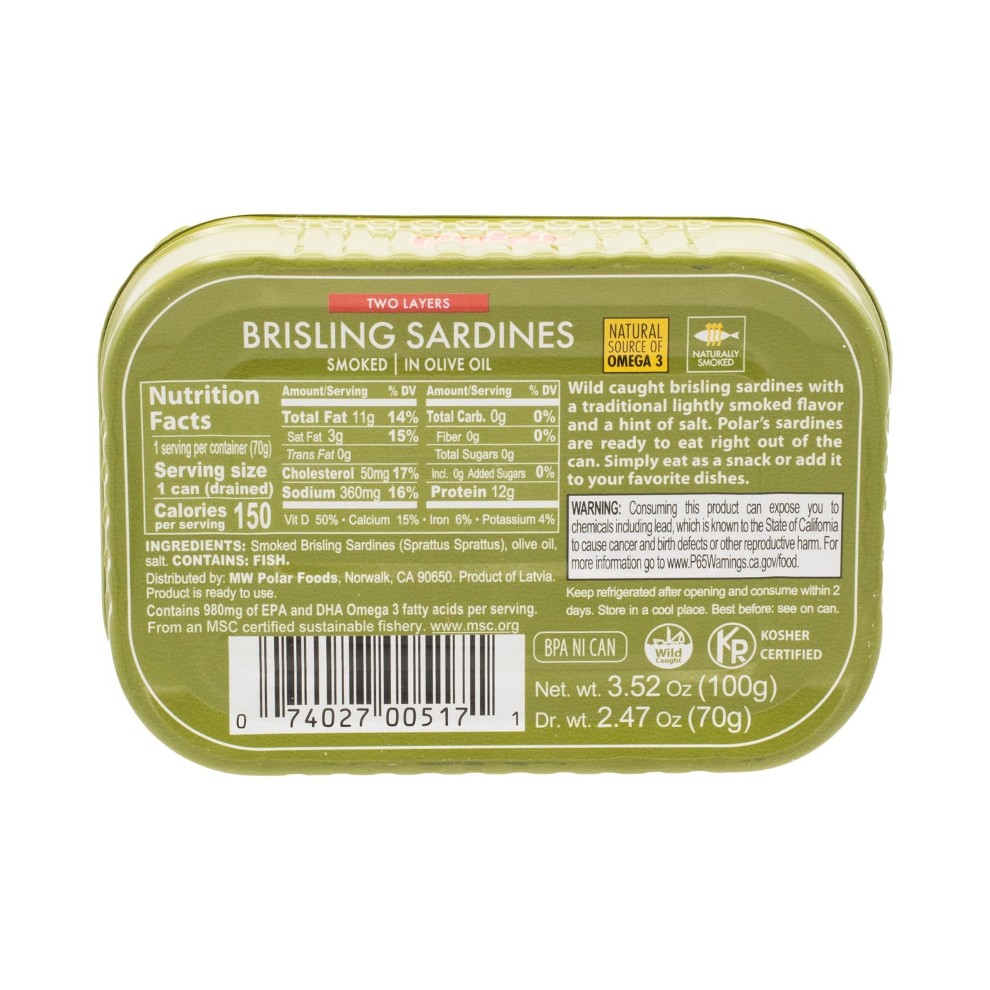 MW Polar Brisling Sardines, Smoked in Olive Oil, 3.52 Ounce (Pack of 12)