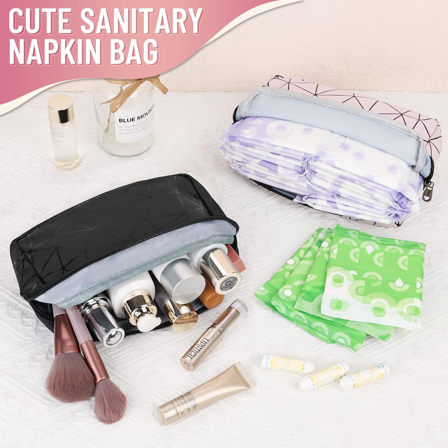Tampon Holder for Purse Period Bag Waterproof Geometric PU Sanitary Napkin Storage Bag Portable Menstrual Cup Pad Pouch Cute Makeup Bag Feminine Gift Vibrant Blue
