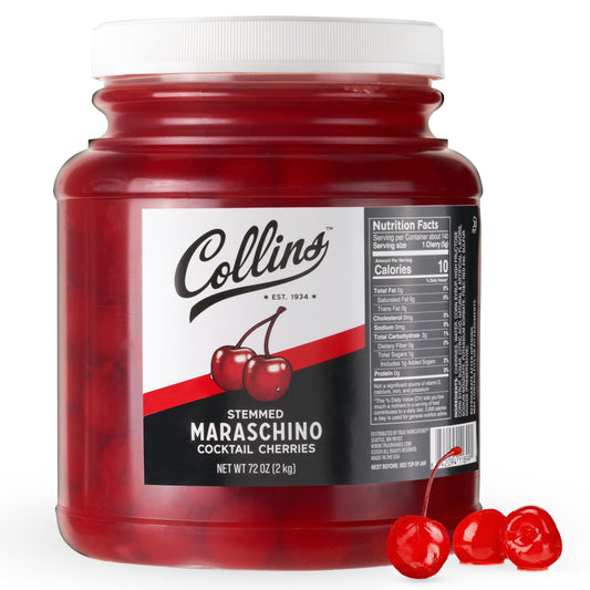 Collins 72 oz Stemmed Maraschino Cherries, Bulk Cocktail Garnish for Mocktails, Desserts and Ice Cream Sundaes, Bright Red Cherries with Stems for Party Supply, Food Service & Bars, 4.5 Pound Jar