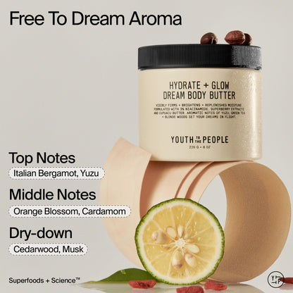 Youth To The People Superberry Hydrate + Glow Dream Body Butter - 3% Niacinamide + Jojoba Oil, Shea + Cupuaçu Butters, Yuzu + Green Tea + Blonde Woods Scented Body Lotion, Firming Moisturizer, Vegan