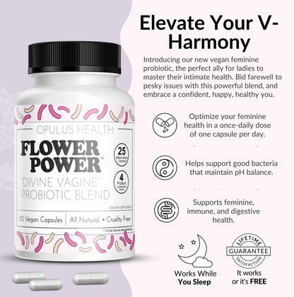 Flower Power Divine Feminine Wellness Blend Capsules – Daily Herbal & Probiotic Supplement for Women’s Balance & Wellness – 30 Count