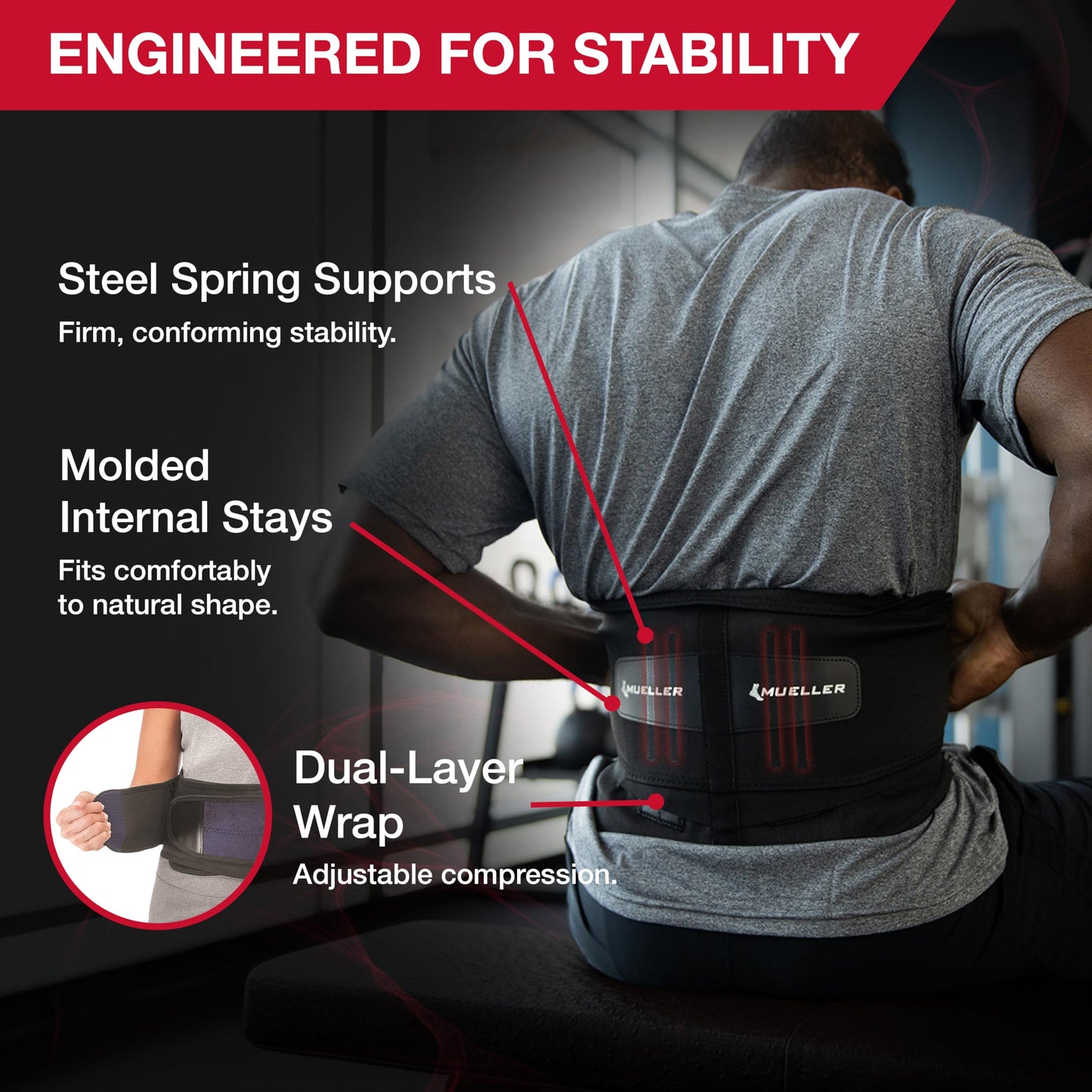 MUELLER Sports Medicine Adjustable Lumbar Back Brace, Lower Back Pain Relief and Support Belt for Men and Women, Black, One Size Fits Most
