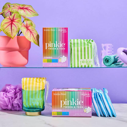 Pinkie Period Starter Pads - Designed for Smaller Underwear - Organic Cotton Topsheet Tween & Teen Pads with Wings - Chlorine Free & Fragrance Free - Teen Combo Pack, 18 Count