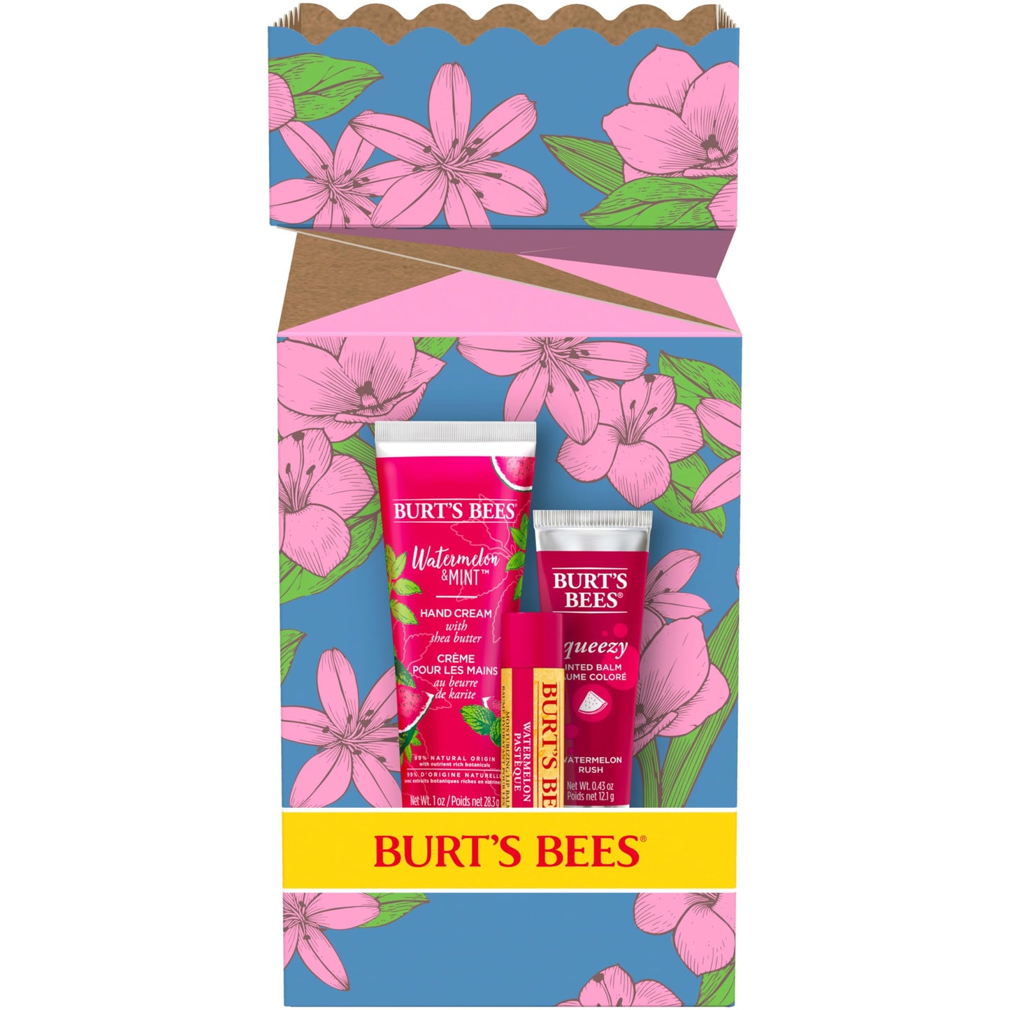 Burt's Bees Mothers Day Gifts for Mom, 3 Self Care Products, You're One in a Melon - Watermelon & Mint Hand Cream, Watermelon Lip Balm & Rush Squeezy Tinted Lip Balm (Packaging May Vary)