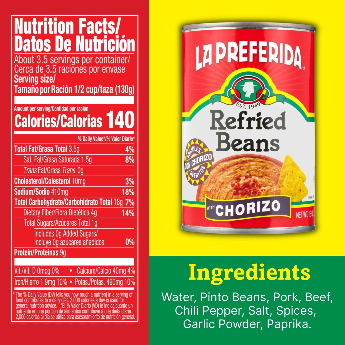 La Preferida Chorizo Refried Beans Heat & Serve for an Instant Side Dish or Add to Enchiladas, Tostadas & More,16 oz. (Pack of 12)