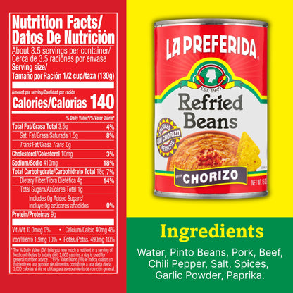 La Preferida Chorizo Refried Beans Heat & Serve for an Instant Side Dish or Add to Enchiladas, Tostadas & More,16 oz. (Pack of 12)
