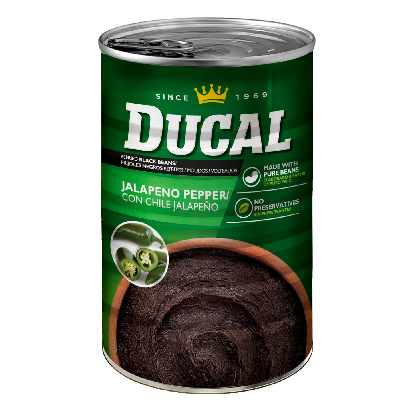 Ducal Refried Black Beans with Jalapeño, 15 Oz (Pack of 24) - Instant Vegetarian Refried Black Beans, Non-GMO And Gluten-Free - Excellent Source in Protein And Iron, Cholesterol Free