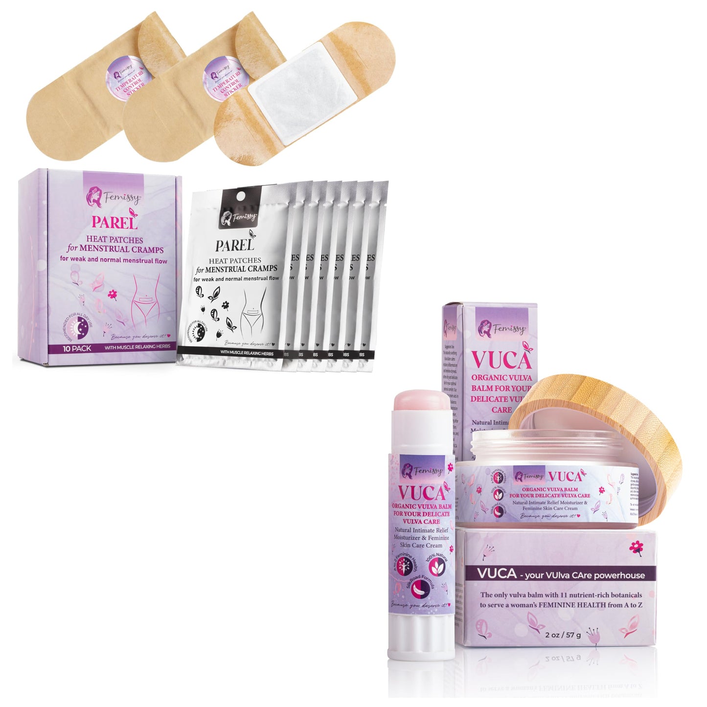 Heat Patches for Menstrual Cramps Based on Flow Strength, 10 Stick On Period Patches for Weak & Normal Flow + Vulva Balm (2 pcs Bundle: 2 + 0.5 oz); Vulva Cream; Intimate Vulva Moisturizer for Women