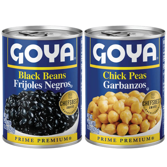 Goya Canned Chickpeas & Black Beans Variety Pack, Garbanzo & Frijoles Negros, Plant-Based Pantry Staples, Rich in Fiber & Protein, Vegan & Kosher, 2 Pack of 15.5oz Cans (1 of Each)