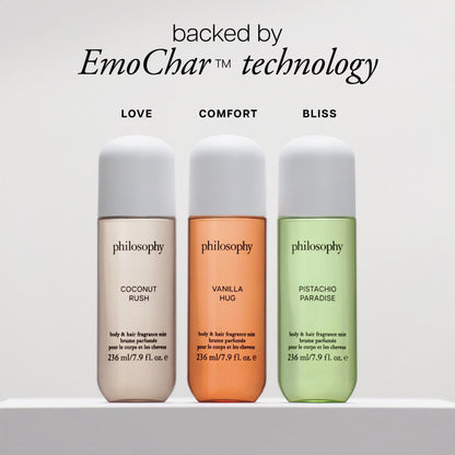 philosophy hair and body mists – long-lasting fragrance mists for women with skin-loving ingredients – hydrates & refreshes for 24 hours – vanilla, pistachio & coconut scent options