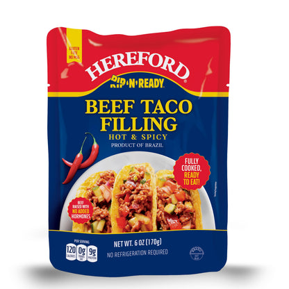 Hereford Beef Taco Filling - Hot & Spicy | Shelf Stable | Halal | Fully Cooked | Ready-to-Eat | 9g of Protein per Serving | 6oz per Pouch (Case of 12)