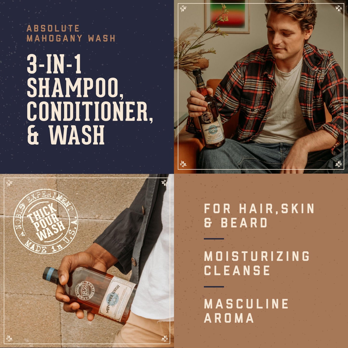 18.21 Man Made Original Absolute Mahogany 3-in-1 Body Wash, Shampoo, & Conditioner for Men, All Hair & Skin Types, Strengthens and Moisturizes in a Manly Aroma, 32oz