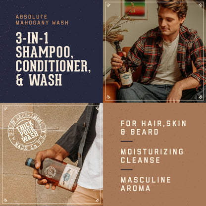 18.21 Man Made Original Absolute Mahogany 3-in-1 Body Wash, Shampoo, & Conditioner for Men, All Hair & Skin Types, Strengthens and Moisturizes in a Manly Aroma, 32oz