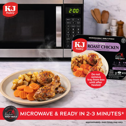 KJ Poultry Kosher for Passover Gluten Free Meals, Roast Chicken with Potato & Carrots, Halal, (6 Pack) Prepared Entree Fully Cooked, Shelf Stable Microwave Dinner, Travel Military Camping
