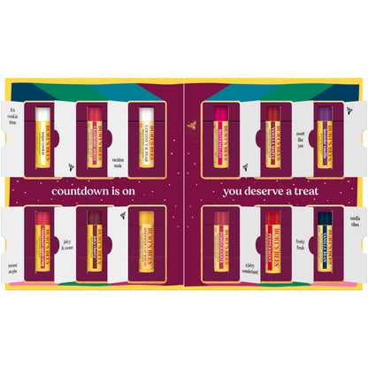Burt’s Bees 12 Days of Joy Advent Calendar; 12 Surprise Lip Balms Including Juicy Cherry, an Amazon Exclusive; 24 Hour Moisture, 100% Natural Origin, Responsibly Sourced Beeswax, 12 Tubes, 0.15 Oz.