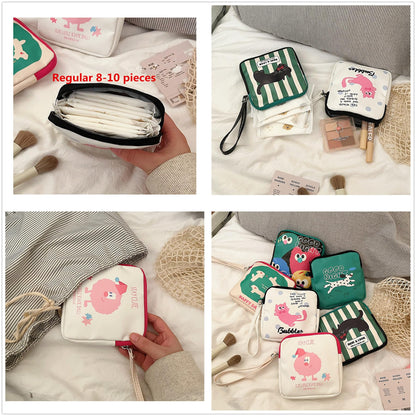 Period Bag Feminine Pads Storage Bag with Wrist Strap PU Tampon Holder Organizer Pouch Small Square Make Up Bag,Pink Cat
