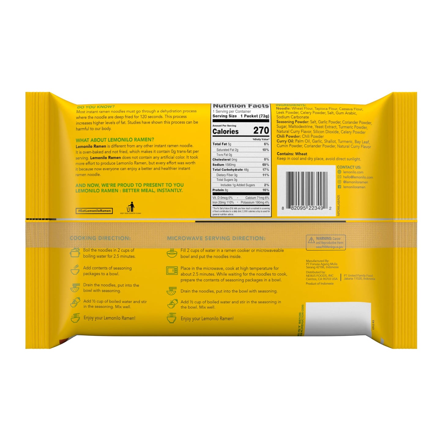 Lemonilo Ramen - Chick'n Curry Soup - Healthy Instant Ramen - Oven-Baked Noodles with Tumeric - Made with All-Natural Ingredients - Quick Meal Kit (2.57 Oz) - Pack of 6