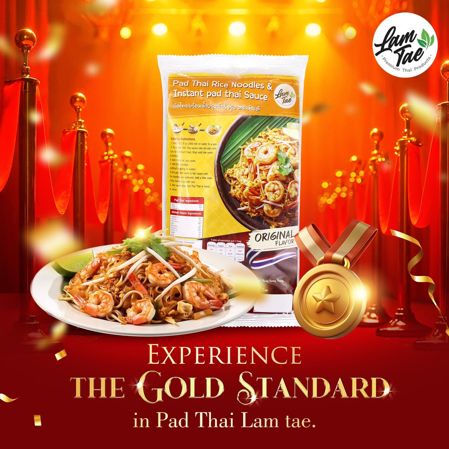 Lam Tae Pad Thai Meal Kit – Thai Rice Noodles with Instant Pad Thai Sauce – Authentic Stir-Fry Flavor – Ready-to-Cook Asian Meal – Available in Pack of 1, 3, or 6 – 200g Each (7.05 Ounce (Pack of 1), 6, Count)