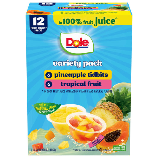 Dole Pineapple Tidbits and Tropical Fruit in 100% Juice Variety Pack - Dole Fruit Bowls Snacks - 4 oz Bowls - 12 Pack