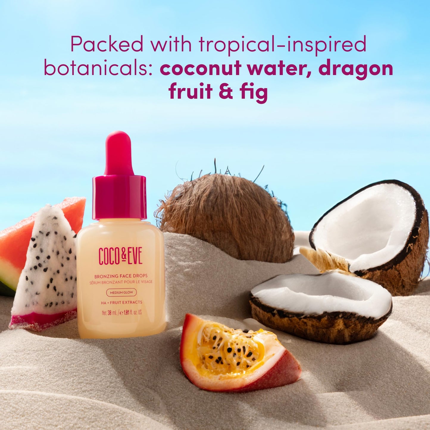 Coco & Eve Sunny Honey Bronzing Face Tanning Drops (Medium Glow) for Natural Self Tanning Hydrating Hyaluronic Acid. Gradual Face Tanning Serum. Indoor Sunless Moisturizing Self Tanner (1 fl oz)