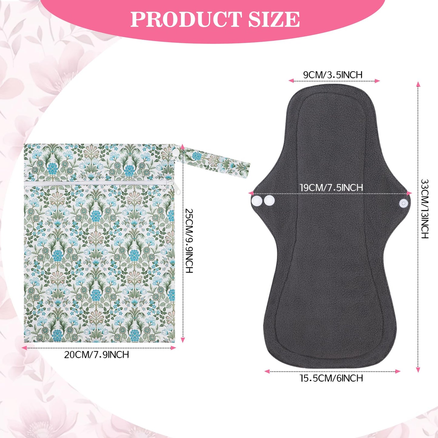 PHOGARY 7 Pack Reusable Menstrual Pads Large Sanitary Pads Set for Heavy Flow with 1 Wet Bag, Washable Overnight Cloth Panty Liners with Wings for Women, 33cm