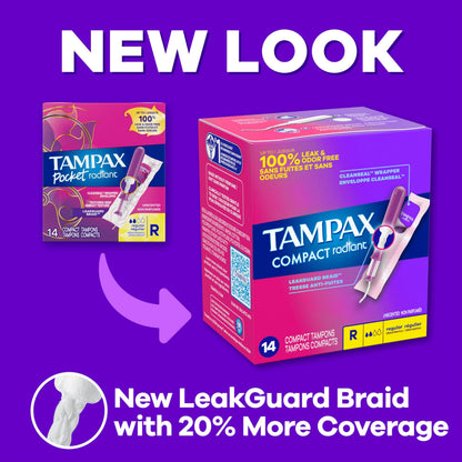 Tampax Compact Radiant Tampons for Women Multipack, with LeakGuard Braid & Extendable Applicator, Regular/Super Absorbency, Unscented, 84 Count (Pack of 2)