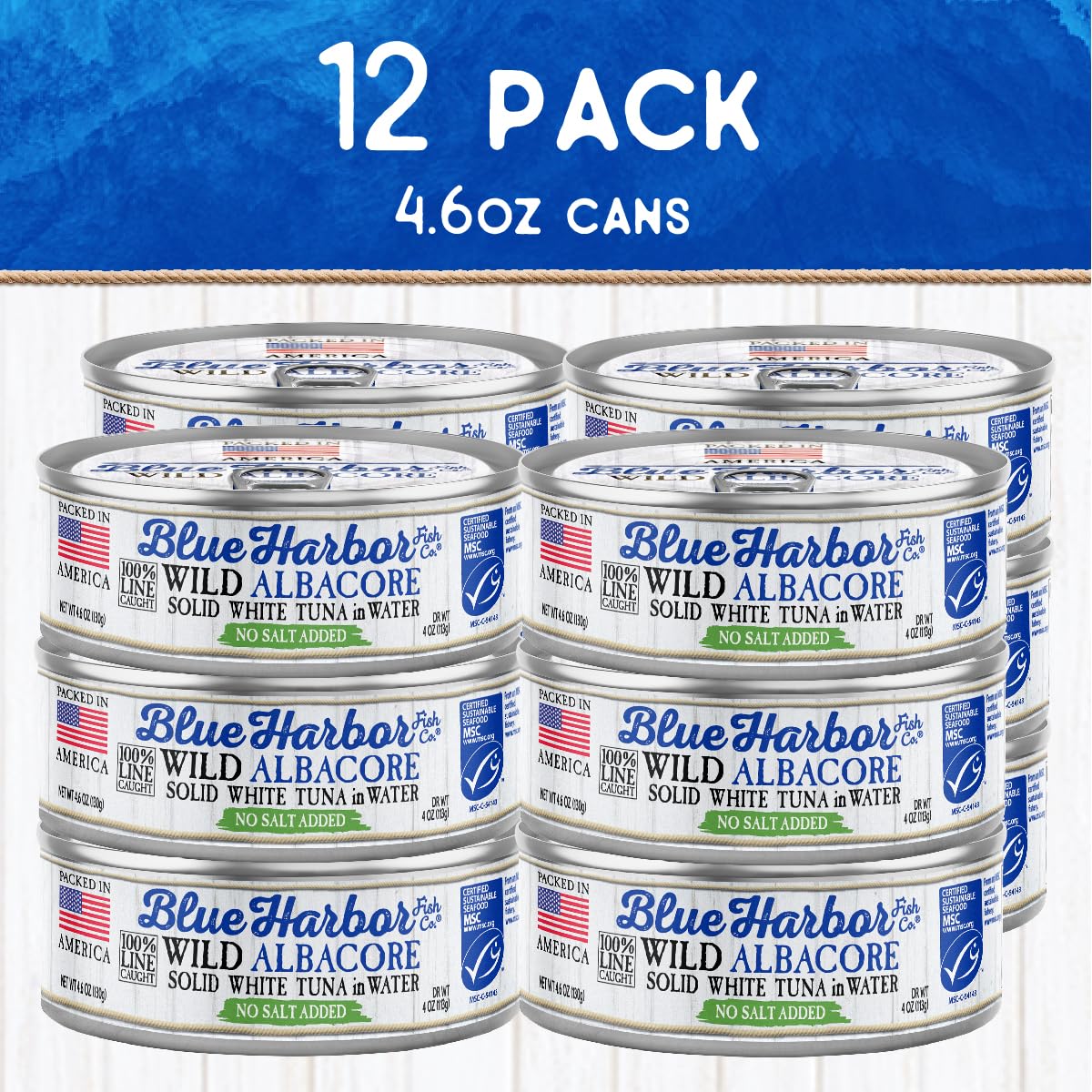 Blue Harbor Fish Co. Wild Albacore Solid White Tuna in Water No Salt Added - 4.6 oz Can (Pack of 12)