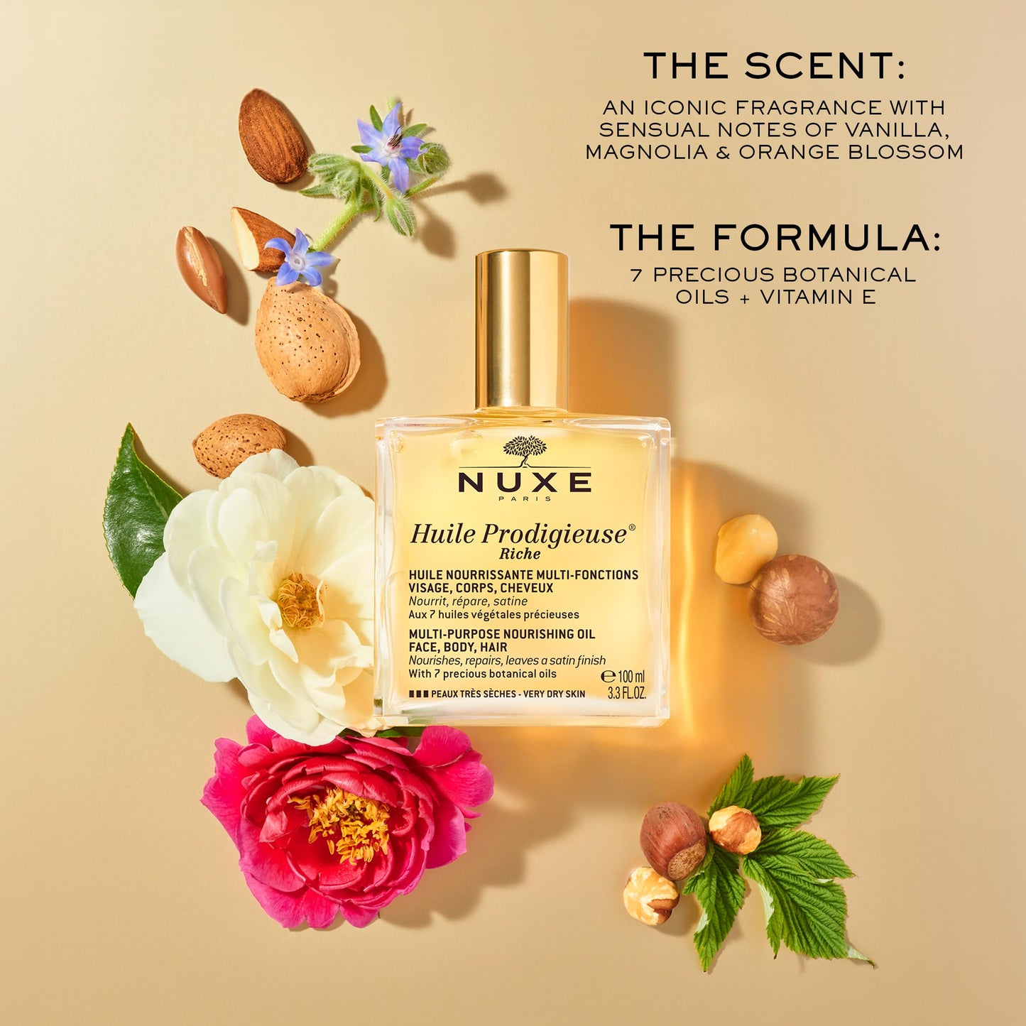 Nuxe Huile Prodigieuse Riche Nourishing Oil - Intense Hydration & Luxurious Radiant Glow for Face, Body & Hair, 3.3 Fl.Oz