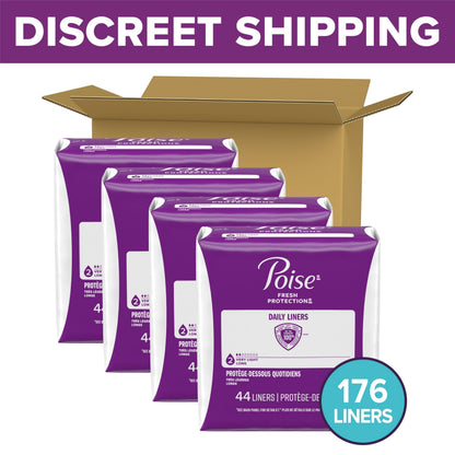 Poise Daily Liners, Incontinence Panty Liners for Bladder Leaks, 2 Drop Very Light Absorbency, Long Length, 176 Count of Pantiliners (4 Packs of 44), Packaging May Vary