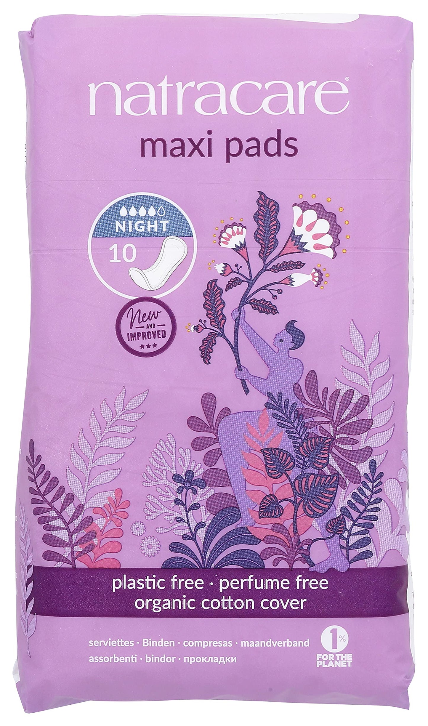 Natracare Natural Traditional Style Night Time Maxi Pads, Individually Wrapped, Without Wings in Plant-Based Bag (1 Pack, 10 Pads Total)