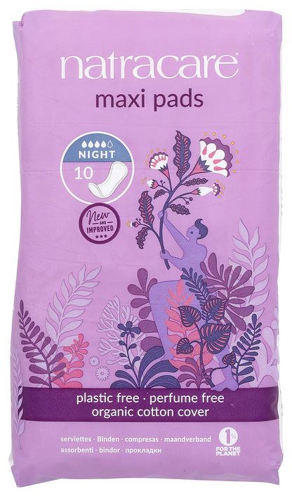 Natracare Natural Traditional Style Night Time Maxi Pads, Individually Wrapped, Without Wings in Plant-Based Bag (1 Pack, 10 Pads Total)